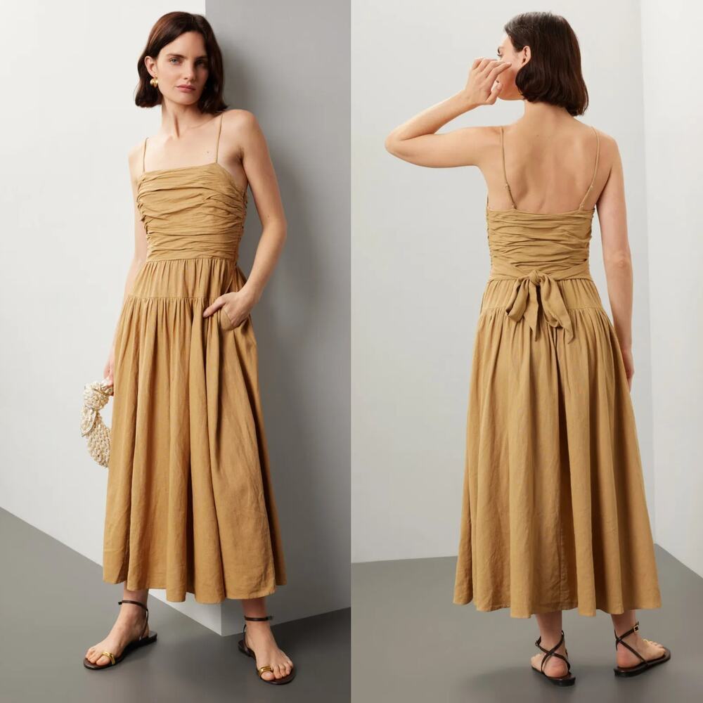 Toccin X RTR Ruched Tie Dress Square Neck Midi A-Line Linen Blend Brown 0